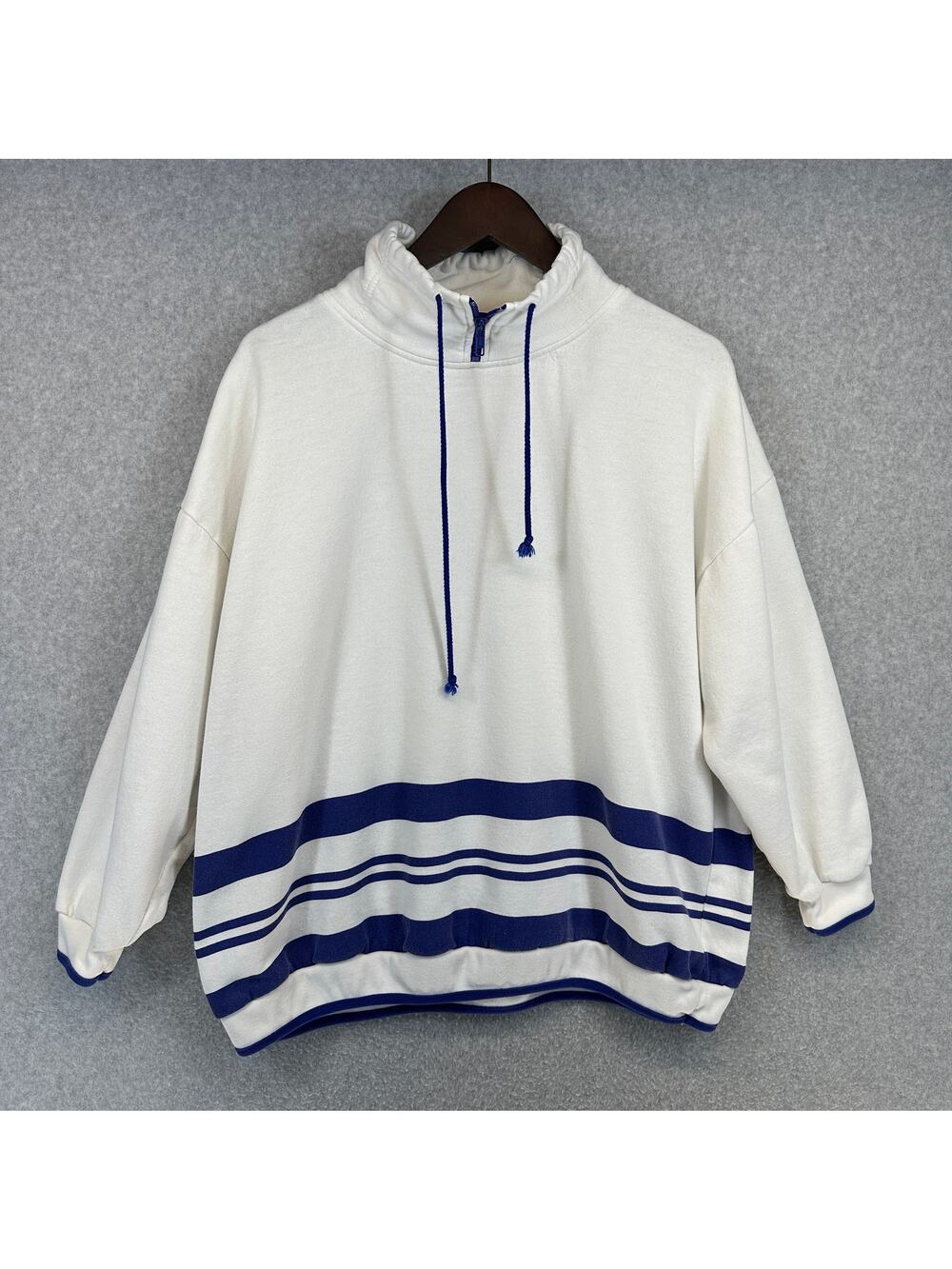 Vintage 90s Dashers Mock Neck Sweatshirt Mens L White Navy Striped Pullover
